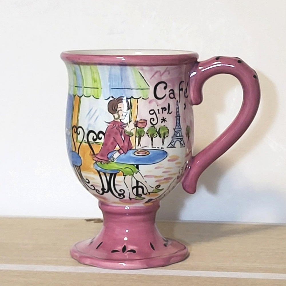 Certified International Jennifer Brinley Cafe Girl Pink Pedestal Mug Paris 6in